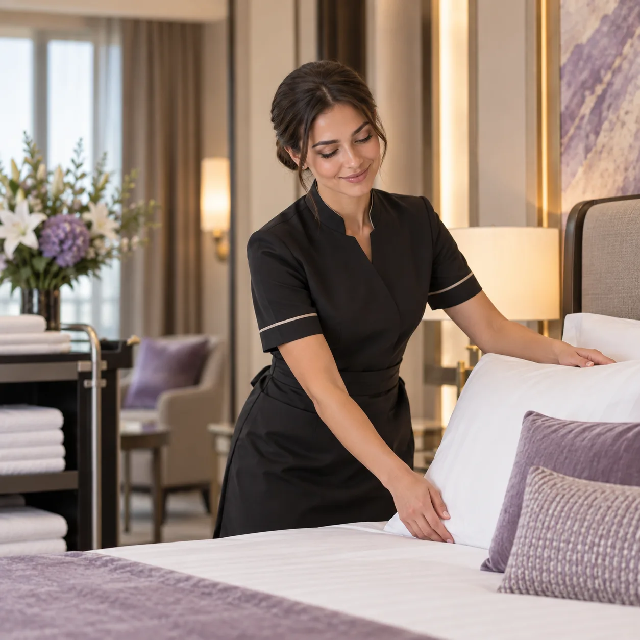 Addetta housekeeping in divisa nera rifà un letto con biancheria bianca in camera